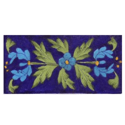 Turquoise,Yellow Flowers and Lime Green Leaf with Blue Base Tile