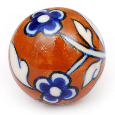KPS-4644 - Brown Ceramic Cabinet Knob with Blue Flowers and White Leaves