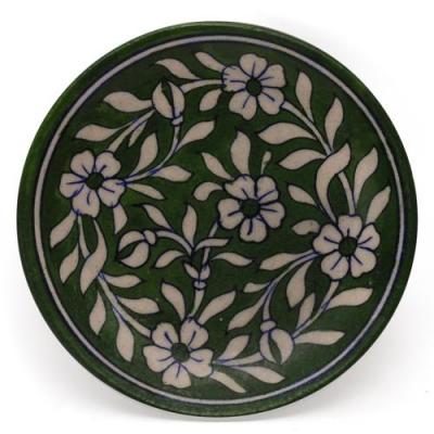 White Leaves and Flowers on Green Base Plate 6"