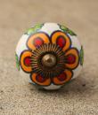 Orange and Red flower and Green leaf with white base ceramic Door knob-Antique Brass 