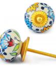 Turquoise and Yellow Flower with White Ceramic Knob